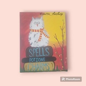 HP inspired white owl perched on books - acrylic pain on stretched canvas